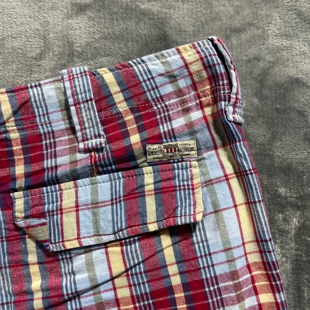 Polo Jeans Co Ralph Lauren Cargo Shorts Mens 40 Plaid Red Blue Cotton